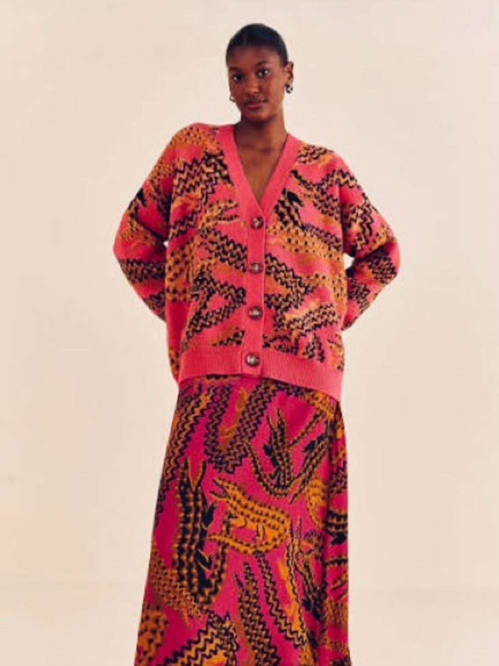 FARM RIO Coco Pink Midi Skirt - Croco Pink - Bold Pink Tropical Print -  NWT - M